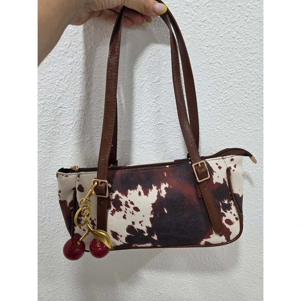 Cow Print Baguette Shoulder Bag Brown White Animal Print with‎ Cherry Charm Y2K